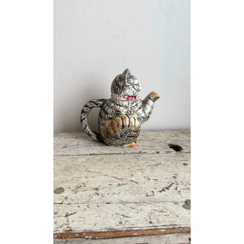 Vintage Japanese Hand Painted Ceramic Cat Teapot Grey Tabby Red Collar